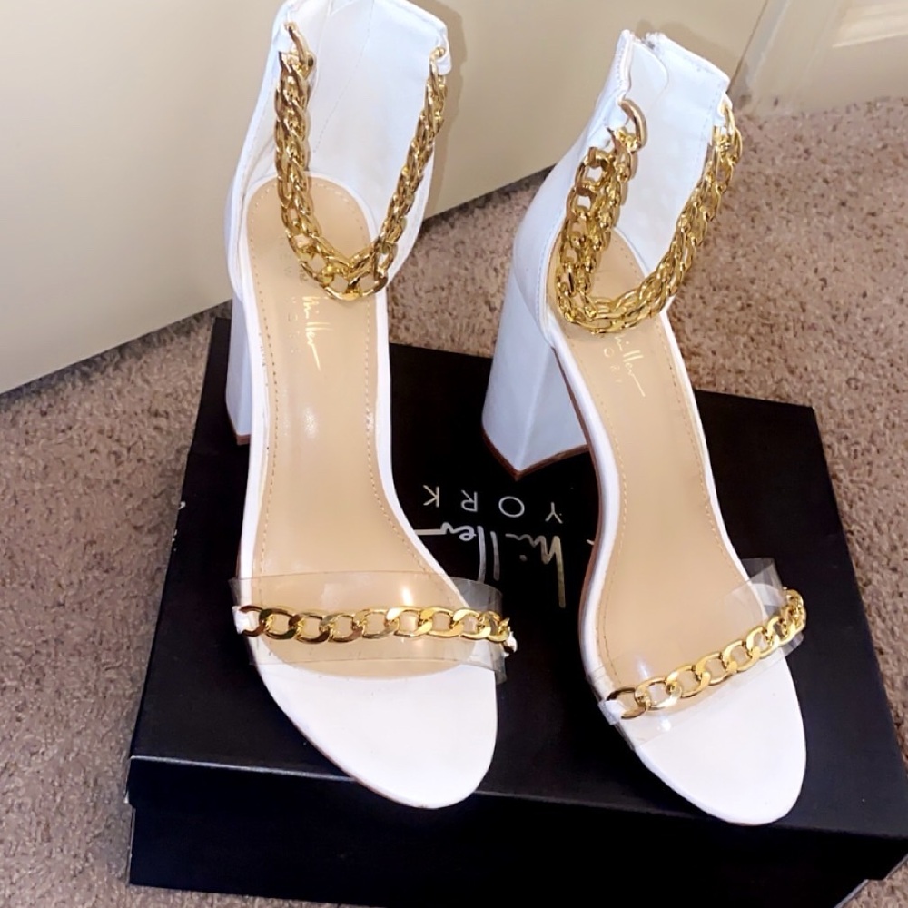 White and Gold Chain Detail Women's Heels